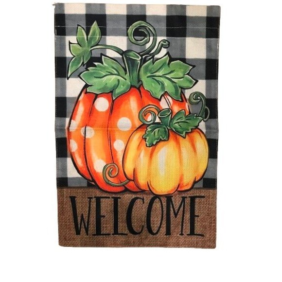 Welcome Garden Flag 12x18in Double sided Pumpkins Buffalo check Linen NEW - Picture 1 of 2
